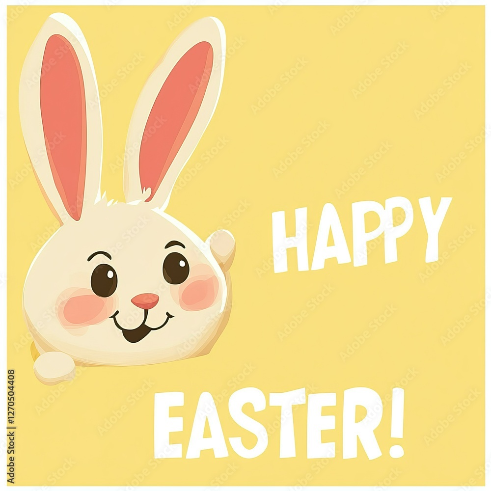 Fototapeta premium Cute cartoon Easter bunny with Happy Easter text on yellow background. AI generated image