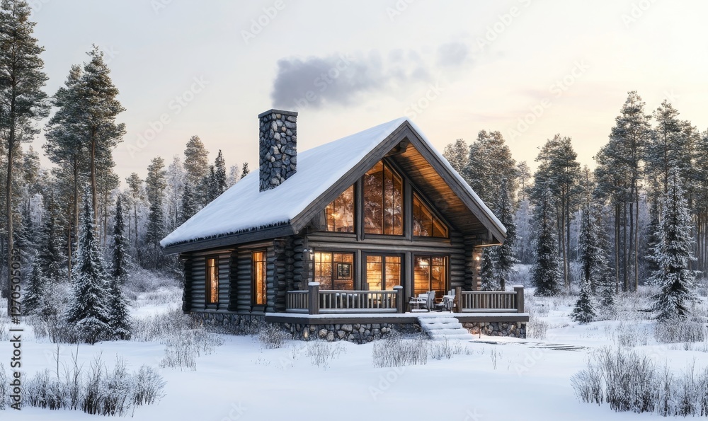 cozy log cabin surrounded by snow-laden pine trees, with smoke curling from the chimney and glowing windows lighting the scene, Generative AI cozy log cabin surrounded by snow-laden pine trees, with smoke curling from the chimney and glowing windows lighting the scene, Generative AI