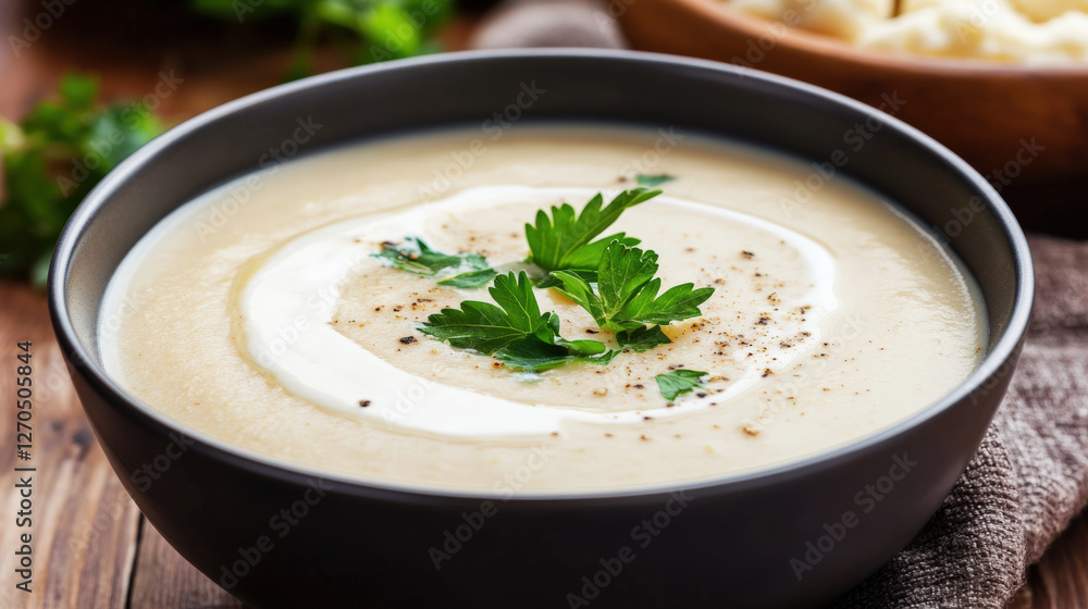 bowl of creamy cauliflower soup garnished with fresh herbs, showcasing smooth texture and rich flavor. Perfect for comforting meal or appetizer bowl of creamy cauliflower soup garnished with fresh herbs, showcasing smooth texture and rich flavor. Perfect for comforting meal or appetizer