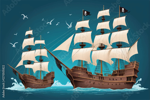 Detailed 3D model of pirate ships with sails maritime adventure transparent