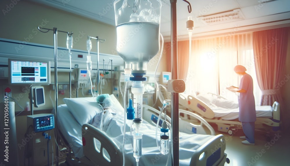 Fototapeta premium Close up medical intravenous IV drip in hospital background