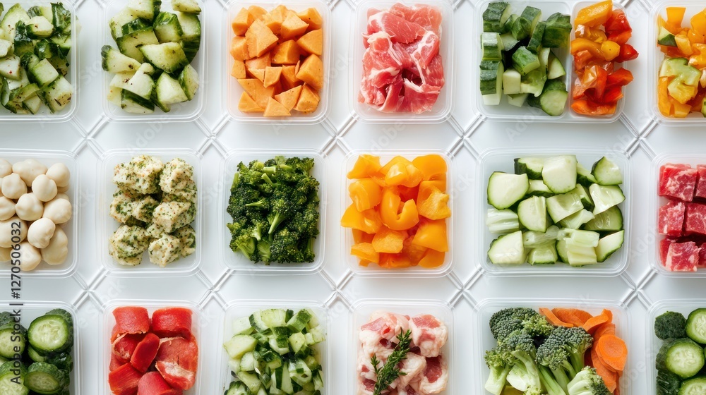 Meal Prep Containers with Chopped Vegetables and Meat Meal Prep Containers with Chopped Vegetables and Meat