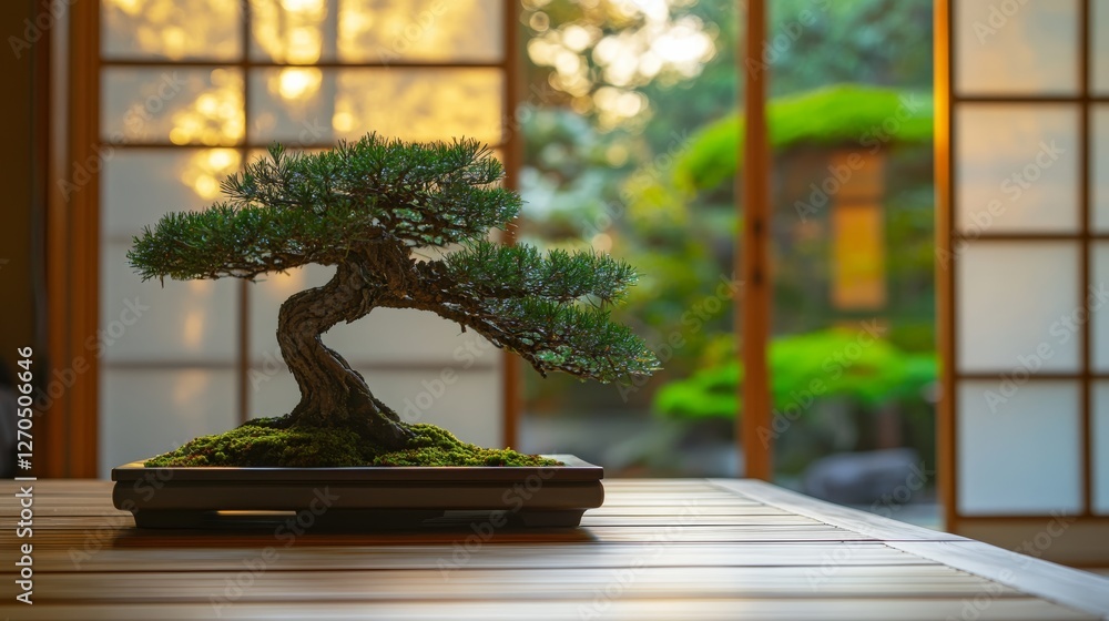 A serene bonsai tree sits on a wooden table, framed by traditional shoji screens and a peaceful garden backdrop, capturing tranquility and nature's beauty. A serene bonsai tree sits on a wooden table, framed by traditional shoji screens and a peaceful garden backdrop, capturing tranquility and nature's beauty.