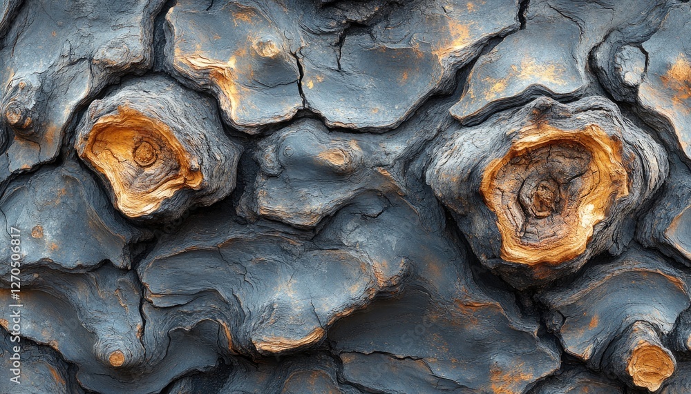 Intricate dark grey and orange wood texture; knots and deep crevices create unique pattern. Ideal for backgrounds, nature themes, or designs needing a rugged, textured look. Intricate dark grey and orange wood texture; knots and deep crevices create unique pattern. Ideal for backgrounds, nature themes, or designs needing a rugged, textured look.