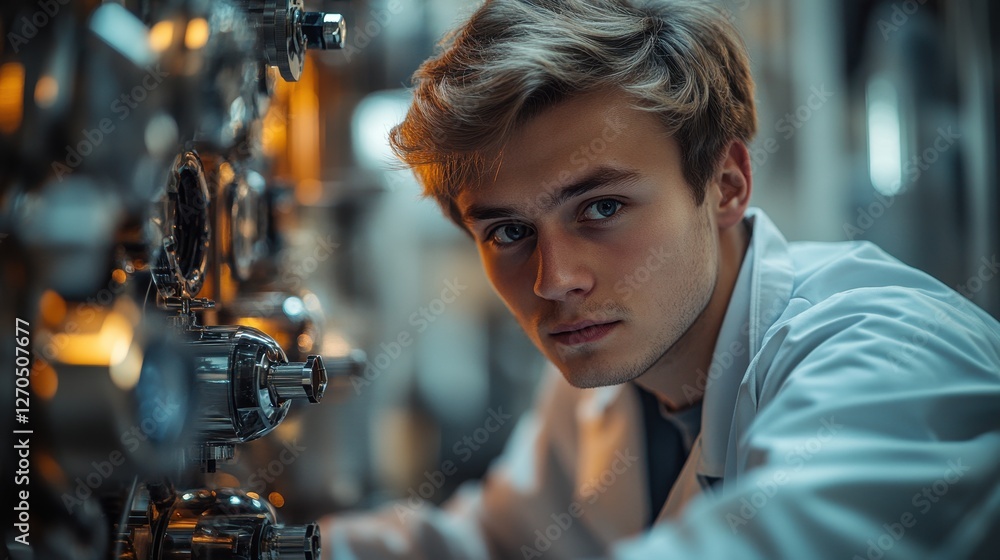 Young Scientist Focused on Complex Machinery in a Laboratory Setting Young Scientist Focused on Complex Machinery in a Laboratory Setting