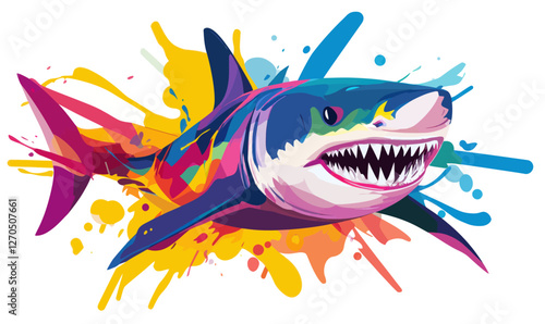 Vibrant Colorful Shark with Dynamic Paint Splash Minimalist Vector Illustration