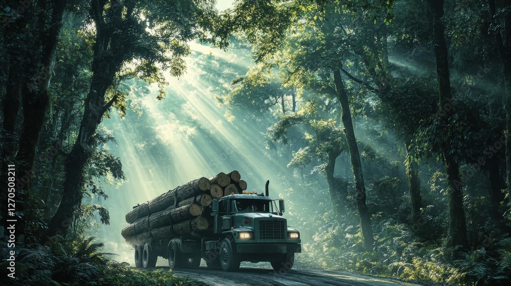 Truck transporting logs through misty forest with sunlight rays filtering through trees Truck transporting logs through misty forest with sunlight rays filtering through trees