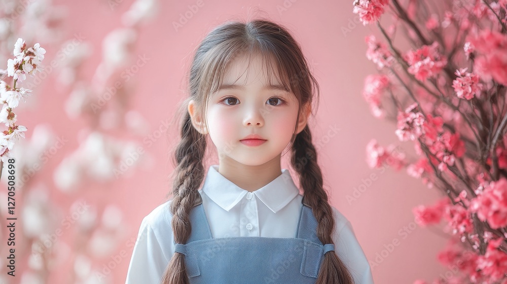 Adorable Little Girl with Braids Posing Against a Pink Floral Backdrop Adorable Little Girl with Braids Posing Against a Pink Floral Backdrop