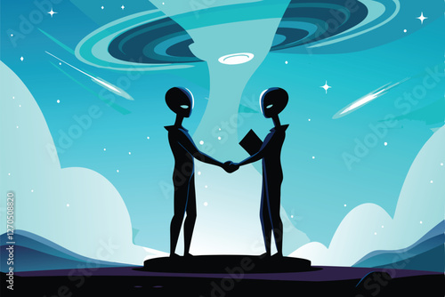 Two alien businessmen in sleek suits shake hands, exchanging glowing orbs symbolizing a lucrative intergalactic deal.  A futuristic cityscape backdrop.