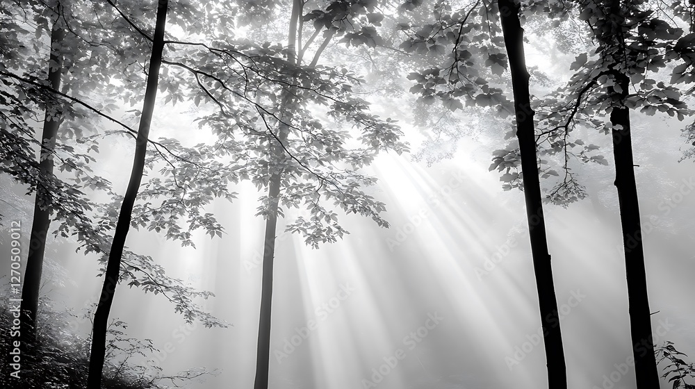 Obraz premium Sunbeams pierce through misty forest trees