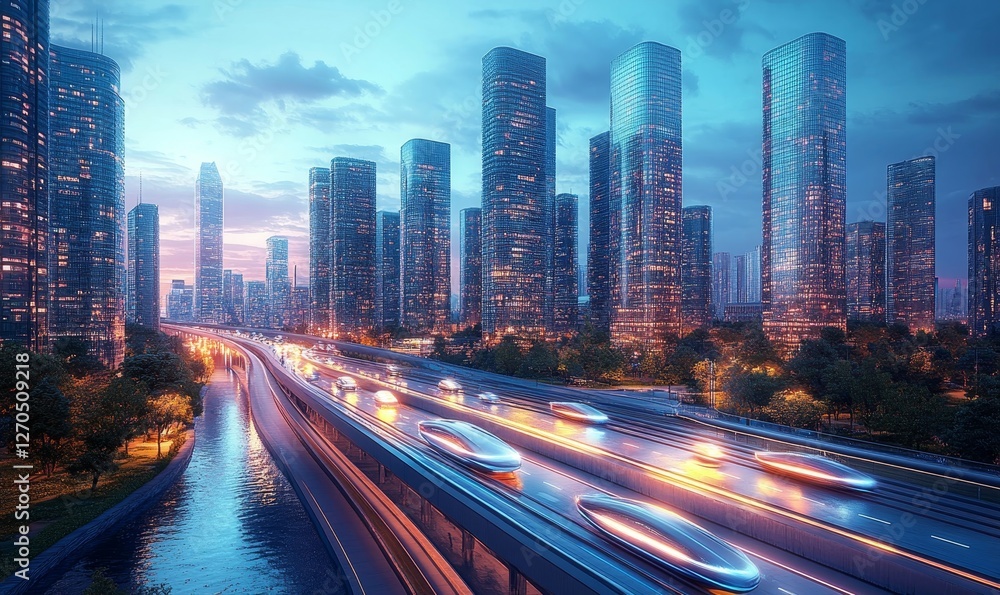 Fototapeta premium bustling futuristic highway with glowing hovercars speeding past towering neon-lit skyscrapers, Generative AI
