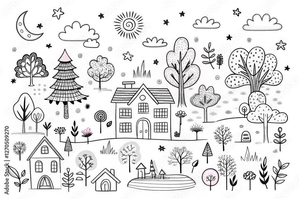 Fototapeta premium Cute hand-drawn village scene with trees, houses, and celestial elements