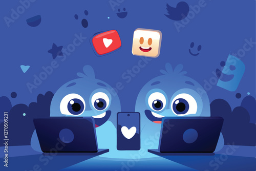 Fotografia Cute, colorful monsters collaborate, crafting witty social media content;  a fun, vibrant illustration