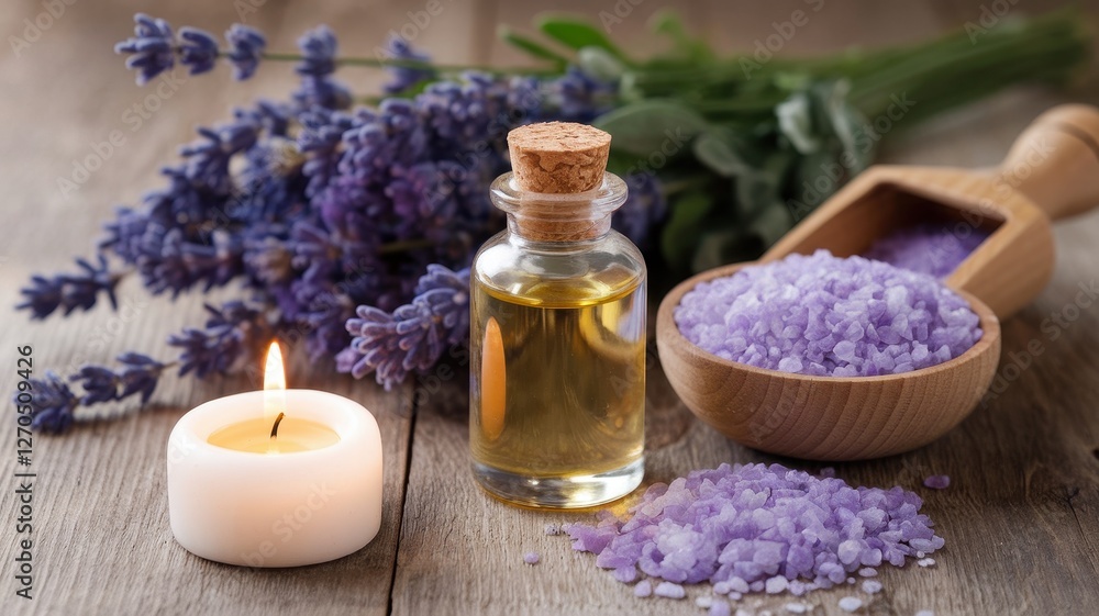 Aromatherapy setting showcases lavender candle oil and bath salts Aromatherapy setting showcases lavender candle oil and bath salts
