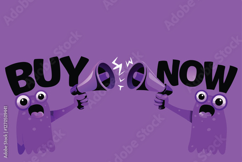 Two friendly cartoon monsters, vibrant colors, holding megaphones, enthusiastically shouting "Buy N(1)" against a bright background.