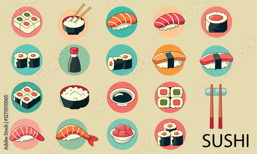 Stylish illustration featuring various sushi, rolls, nigiri, rice, soy sauce, and chopsticks. Bright colors and a minimalist design create the atmosphere of Japanese cuisine. 