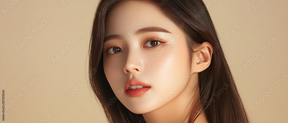 Naklejka premium Beautiful young asian woman with clean fresh skin on beige background, Face care, Facial treatment, Cosmetology, beauty and spa, Asian women portrait.