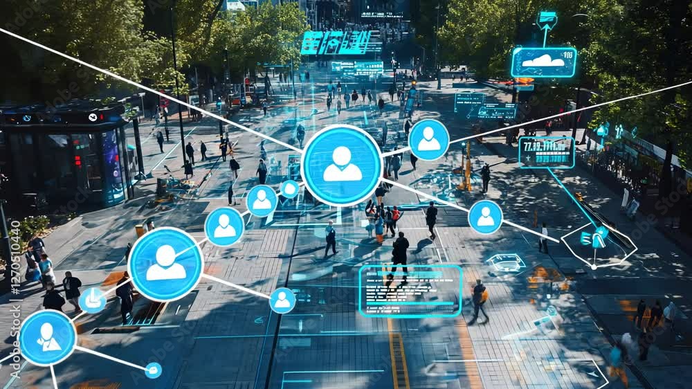 Augmented reality overlay on a bustling city street with data visualization