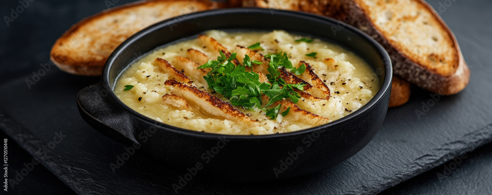 rustic black bowl of creamy cauliflower soup garnished with grilled strips and fresh herbs, served with toasted bread on slate plate rustic black bowl of creamy cauliflower soup garnished with grilled strips and fresh herbs, served with toasted bread on slate plate