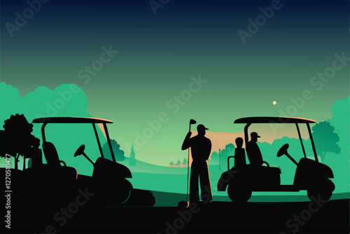 Serene twilight golf course silhouette scene;  lush green fairways, distant trees, dramatic sky.