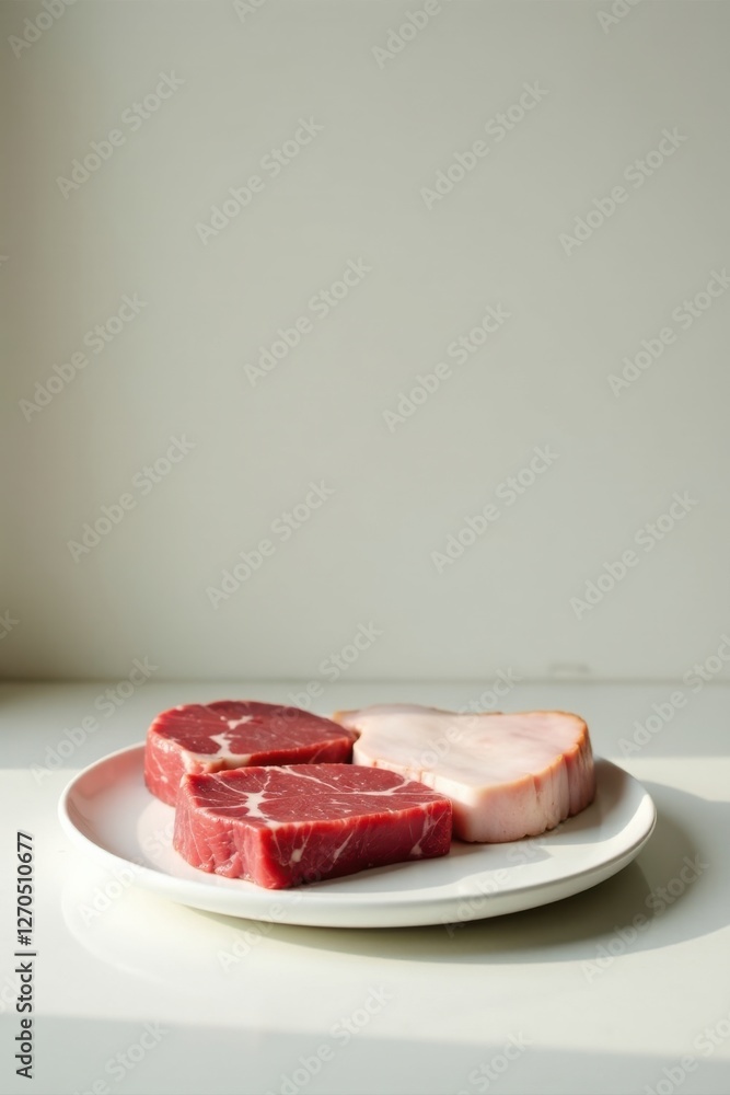 A close-up view of raw beef steaks and a slice of cured meat, presented on a simple white plate, bathed in soft, natural light. A close-up view of raw beef steaks and a slice of cured meat, presented on a simple white plate, bathed in soft, natural light.