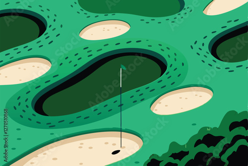 High-angle shot of a challenging golf hole on a lush green course, bunkers and water hazards visible.