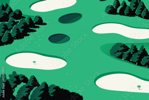 Create an isometric illustration of a miniature golf course, showcasing multiple holes with varied obstacles and landscaping.  Include vibrant colors and playful design.