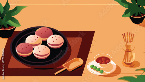 Cozy scene featuring assorted Japanese sweets, including dorayaki and mochi, arranged aesthetically on a rustic wooden table.
