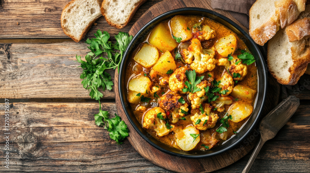 Delicious roasted cauliflower and potato stew served in bowl, garnished with fresh herbs, accompanied by slices of bread on rustic wooden table Delicious roasted cauliflower and potato stew served in bowl, garnished with fresh herbs, accompanied by slices of bread on rustic wooden table