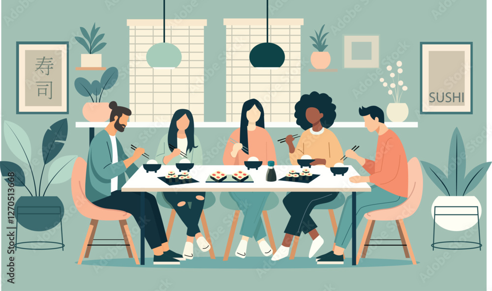 Stylish illustration of a group of friends enjoying sushi in a cozy restaurant. A modern minimalist design with soft tones creates a warm dining atmosphere. Stylish illustration of a group of friends enjoying sushi in a cozy restaurant. A modern minimalist design with soft tones creates a warm dining atmosphere.