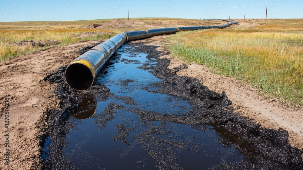 Industrial Pipeline in Rural Landscape with Oil Spill and Pipeline on the Ground in Clear Sky Industrial Pipeline in Rural Landscape with Oil Spill and Pipeline on the Ground in Clear Sky