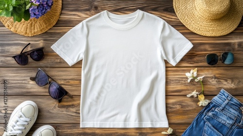 White tee mockup, summer accessories, wood background, apparel design