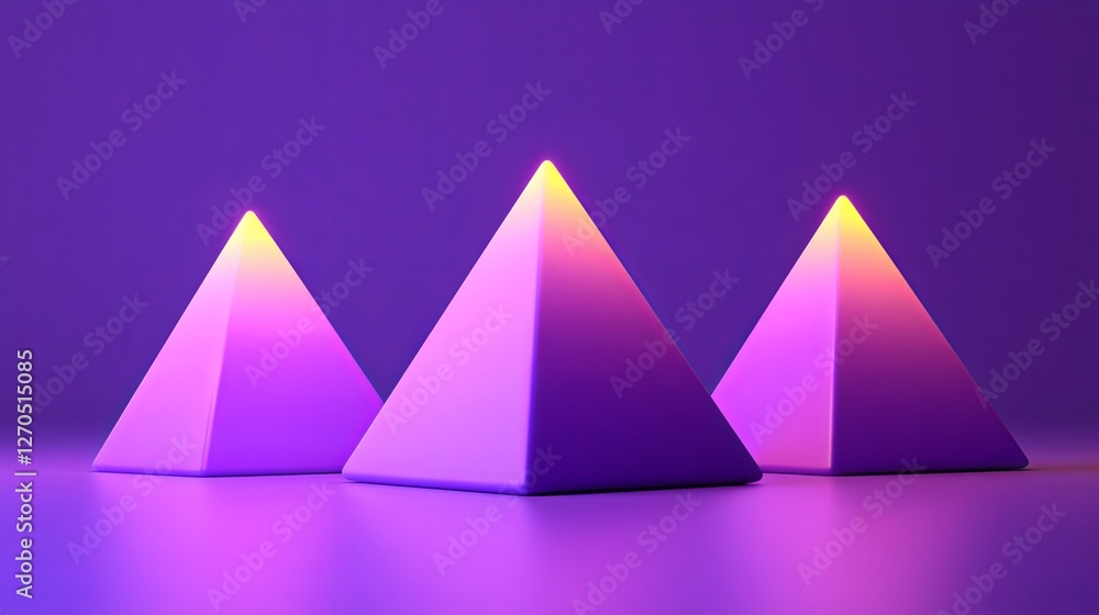 Colorful geometric pyramids with glowing lights in vibrant purple Colorful geometric pyramids with glowing lights in vibrant purple