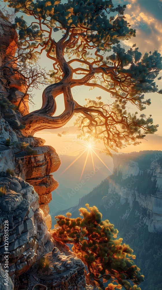 Obraz premium Retro sunset and old trees illustration poster background