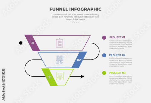 funnel base shape infographic outline style with 3 point template with reverse pyramid with badge opposite with round line connection for slide presentation