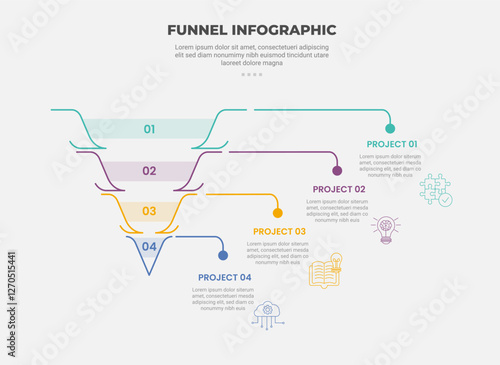 funnel base shape infographic outline style with 4 point template with creative line with long line pointer for slide presentation