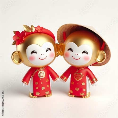 A cute 3Drendered golden couple monkey wears a traditional red Vietnamese Ao Dai and a conical hat. It's a festive image perfect for wedding or Lunar New Year celebrations, white background photo