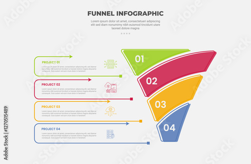 funnel base shape infographic outline style with 4 point template with creative pyramid slice separation with arrow line box for slide presentation