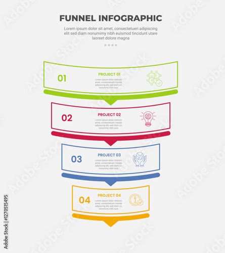 funnel base shape infographic outline style with 4 point template with round rectangle structure with arrow bottom direction for slide presentation