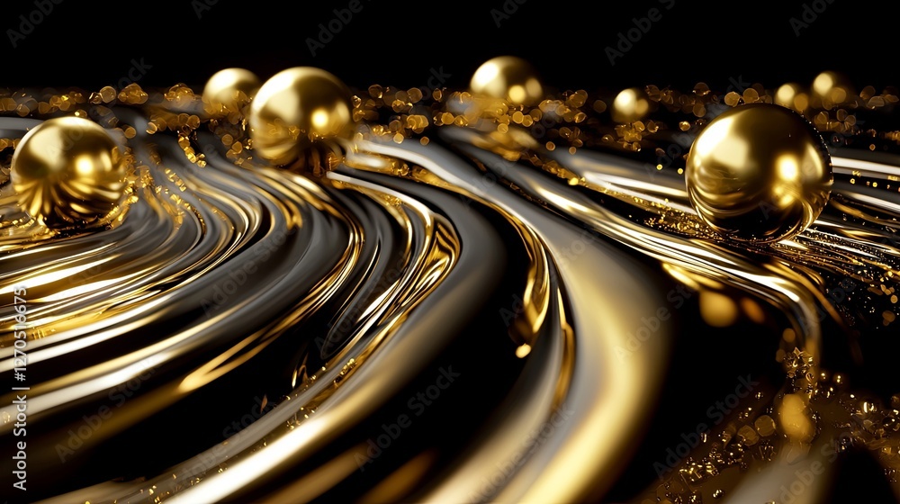 Shimmering Golden Waves with Spheres on Black Background Shimmering Golden Waves with Spheres on Black Background