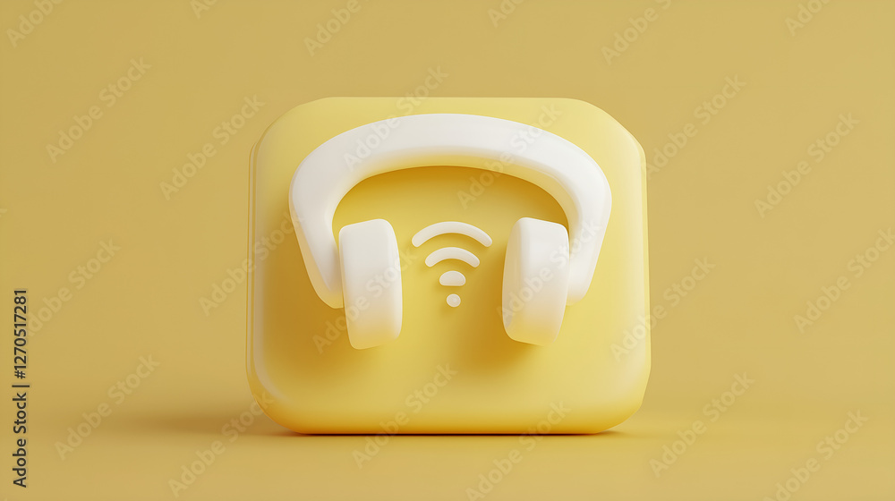 White headphones with wireless signal on yellow square icon representing audio technology and digital music White headphones with wireless signal on yellow square icon representing audio technology and digital music