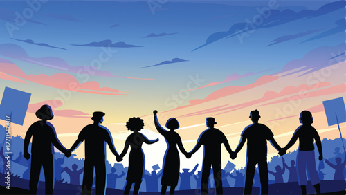 A powerful image depicting a human chain of protestors, arms linked, demonstrating solidarity and resilience against injustice.  Focus on the expressions of determination on their faces.