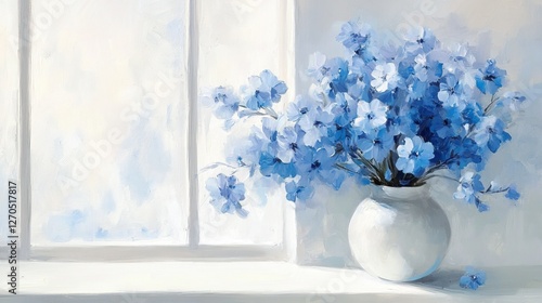Blue flowers in the vase over white window sill
