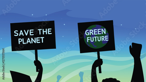 Environmental activists rally under a verdant archway, holding aloft eco-friendly protest signs.  Focus on the signs and expressions.