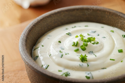 A photograph of a bowl of garlic sauce, with a creamy white color and flecks of herbs photo