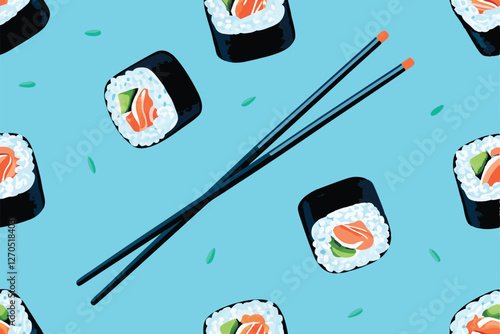 Create a vibrant seamless pattern featuring various types of sushi, including maki rolls, nigiri, and chopped sushi pieces.  Use a detailed, realistic style.