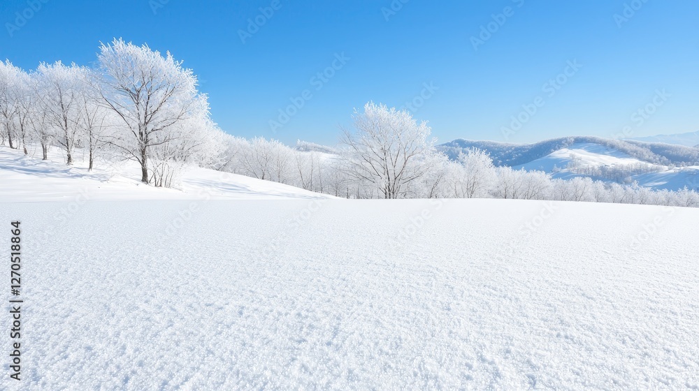 Snowy mountain landscape, trees frosted, bright sunlight. Ideal for winter background, travel brochure Snowy mountain landscape, trees frosted, bright sunlight. Ideal for winter background, travel brochure