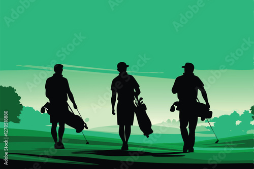 Silhouette of two golfers walking along a sunlit fairway, carrying golf bags, at sunset.  Focus on the contrasting light and shadow.