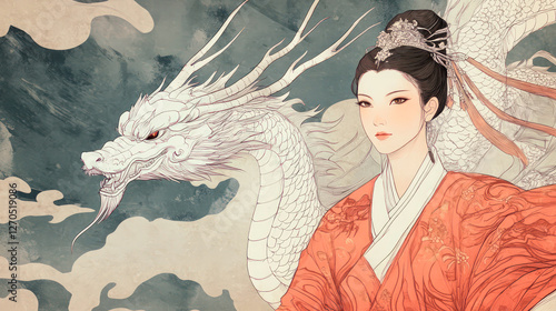 illustration simple line drawing a dragon is flying beside an ancient Chinese woman.