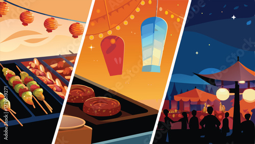 Vibrant street food festival scene in Taiya, featuring numerous yakitori skewers being grilled and sold.  Crowds enjoy the lively atmosphere.